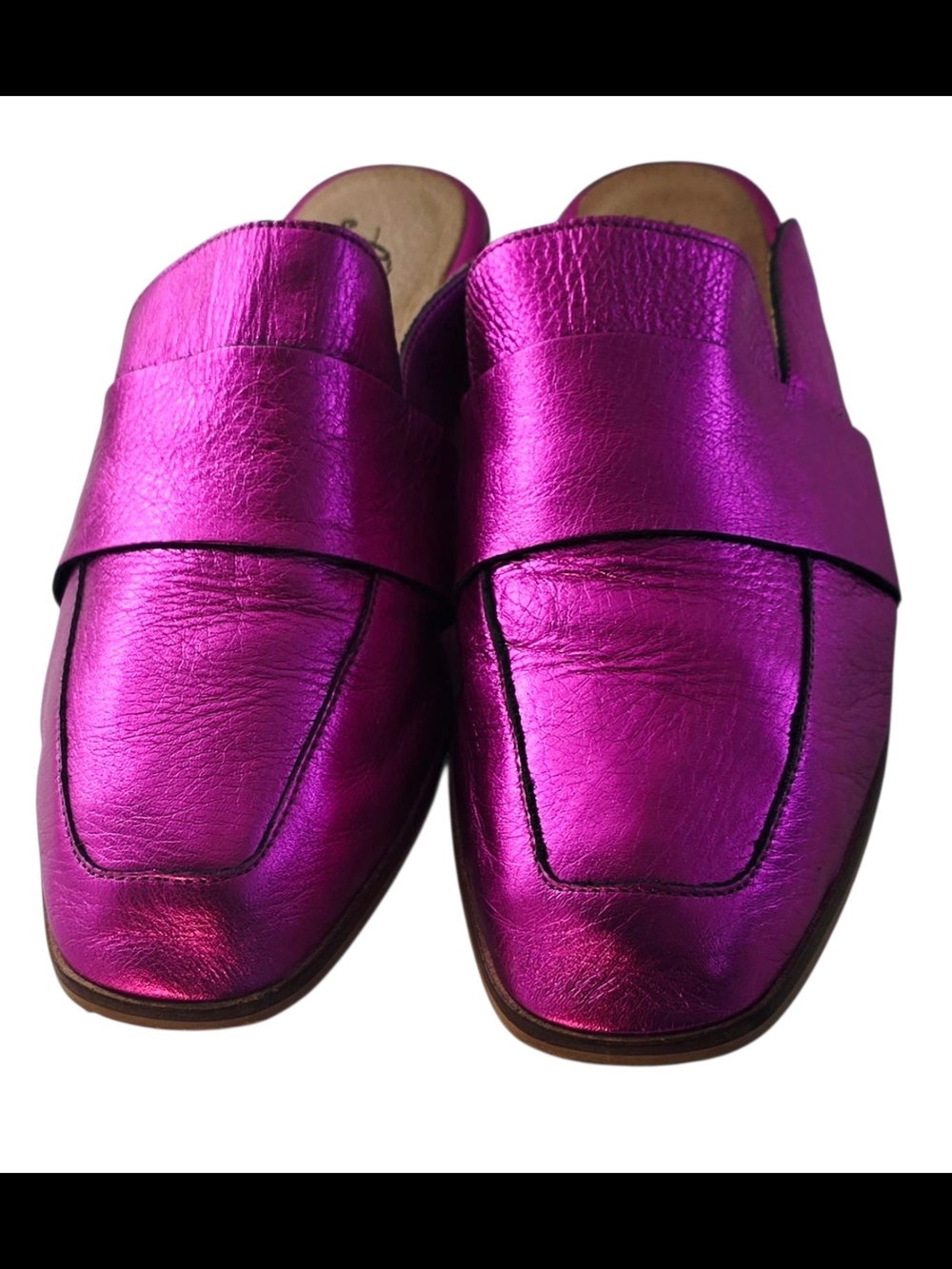 Free People Metallic Fuchsia Leather Mule Loafers Square Toe Slip On Shoes Women